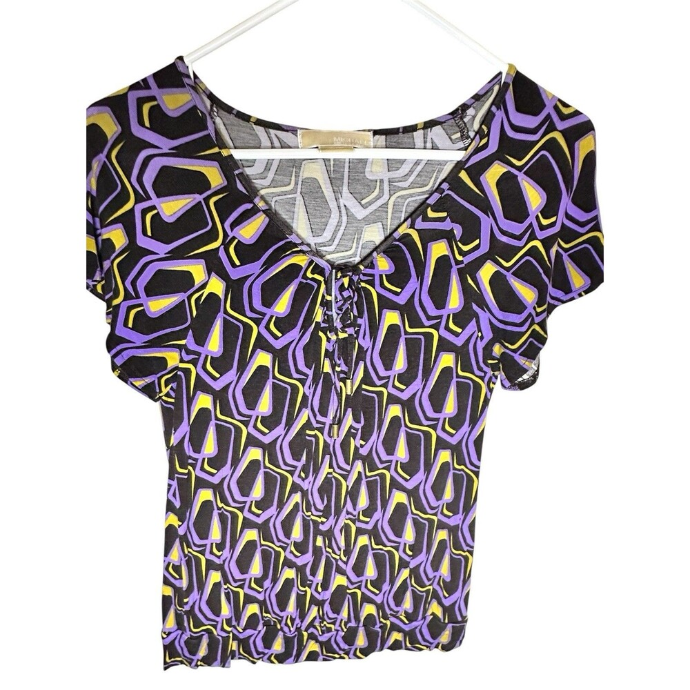 Michael Kors Geometric Pattern V-Neck Short Sleeve Top Sz PS Purple Black Green